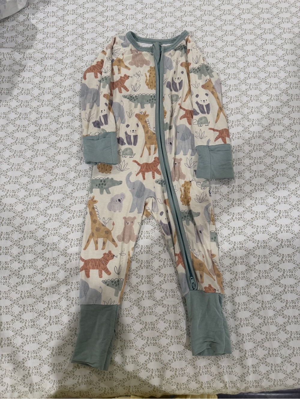 Little Sleepies Cream Jungle Animal Footie with Sage Trim